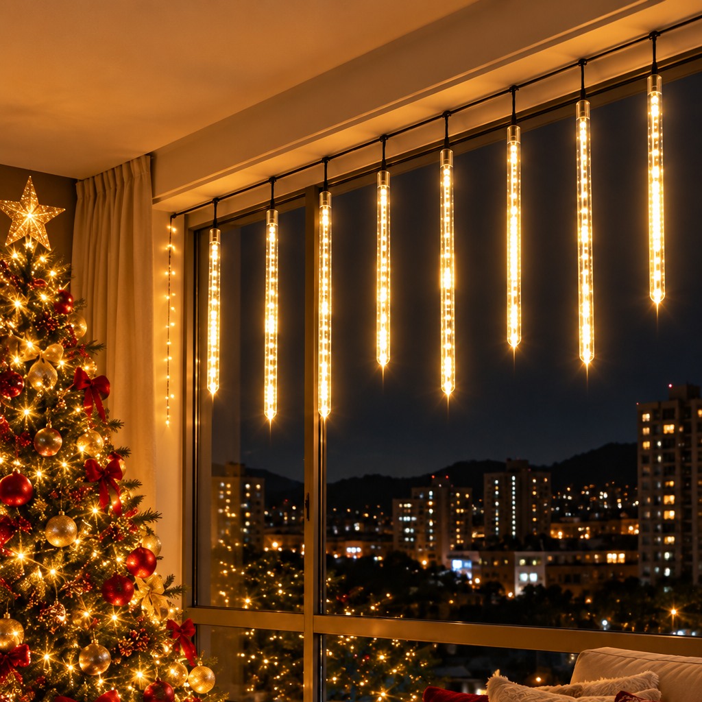 Luces lluvia de meteoritos tubo LED de luz cálida en una ventana junto al árbol de Navidad