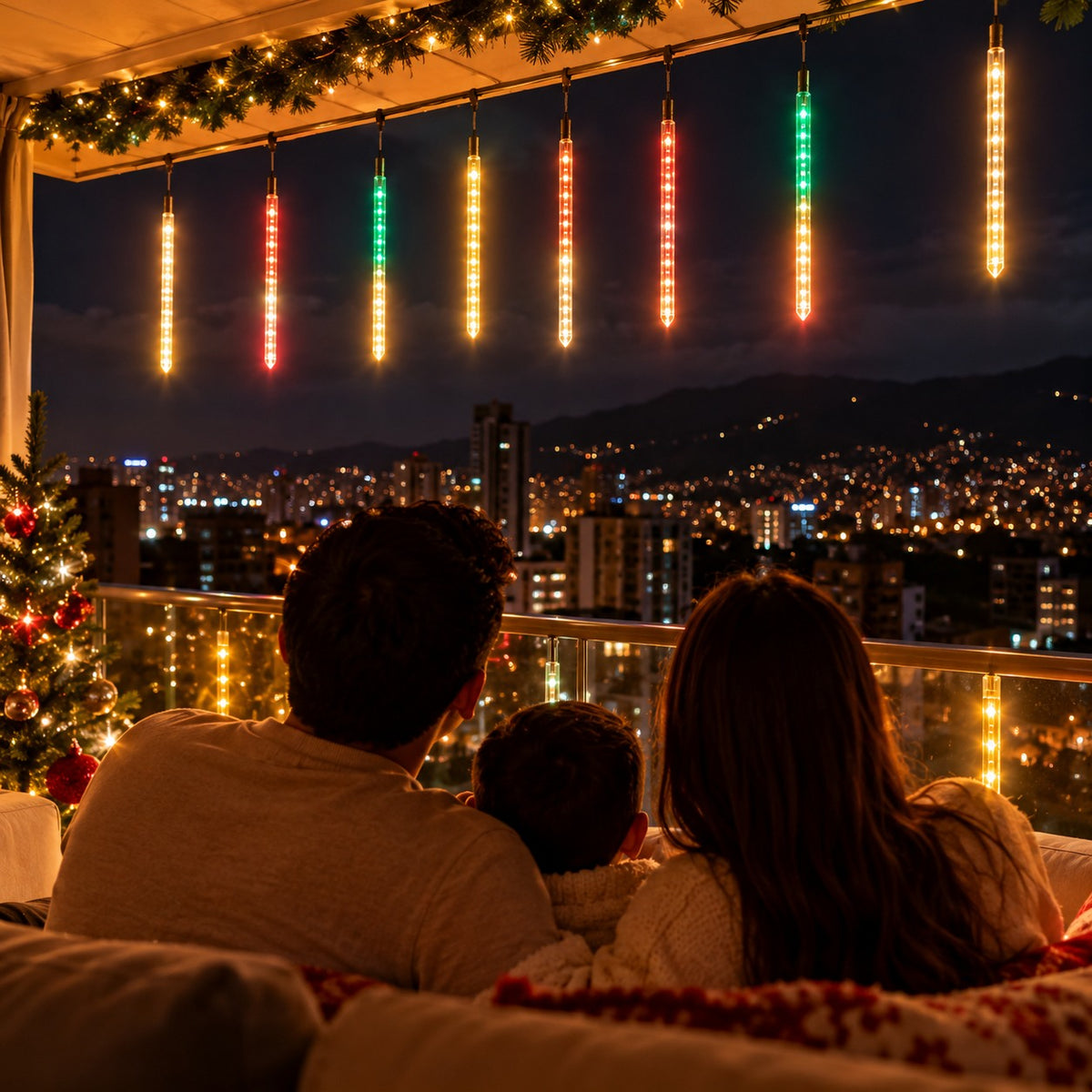 Familia viendo la lluvia de meteoritos de luces LED desde su balcón en Navidad
