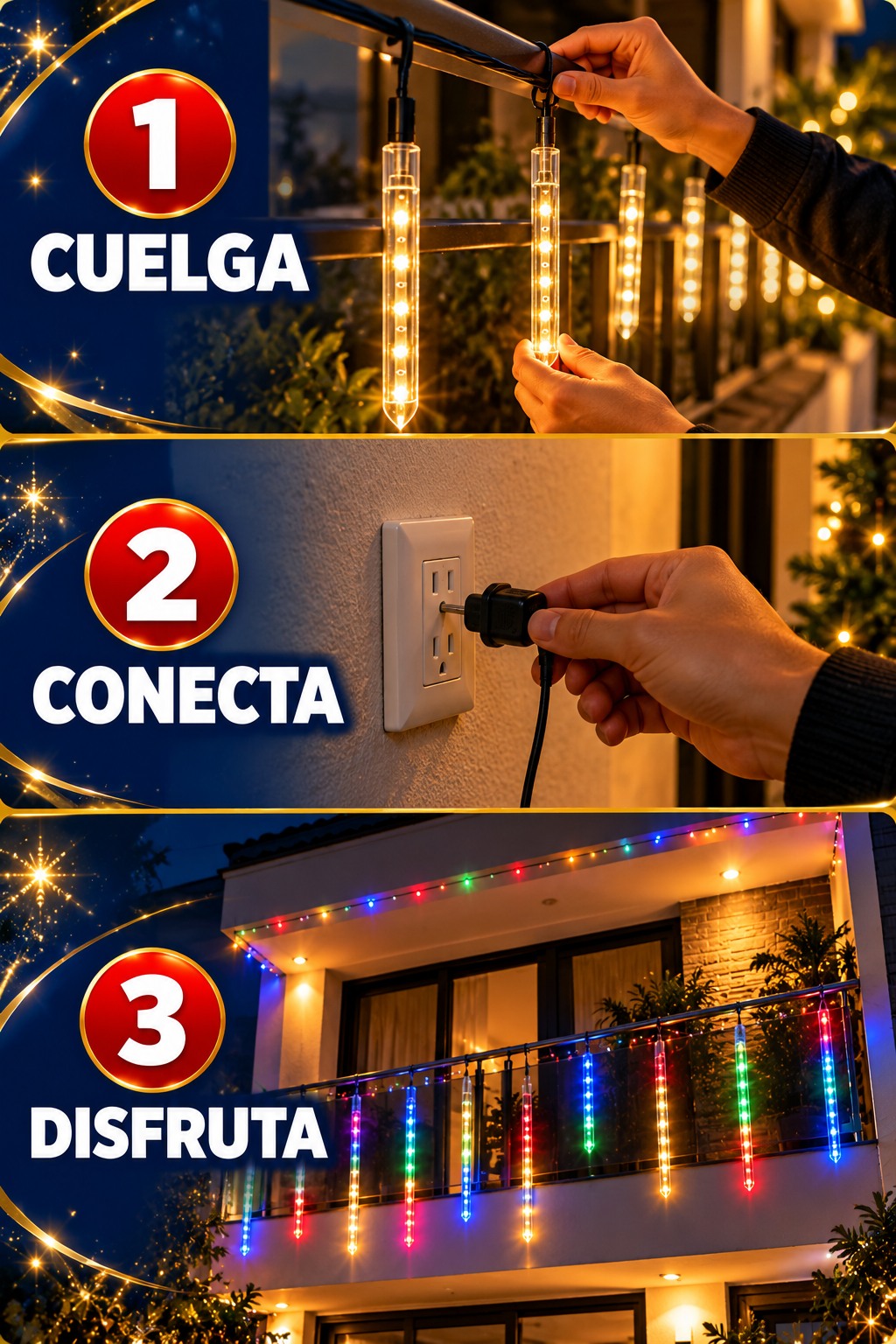 Cómo instalar las luces: 1 cuelga, 2 conecta, 3 disfruta